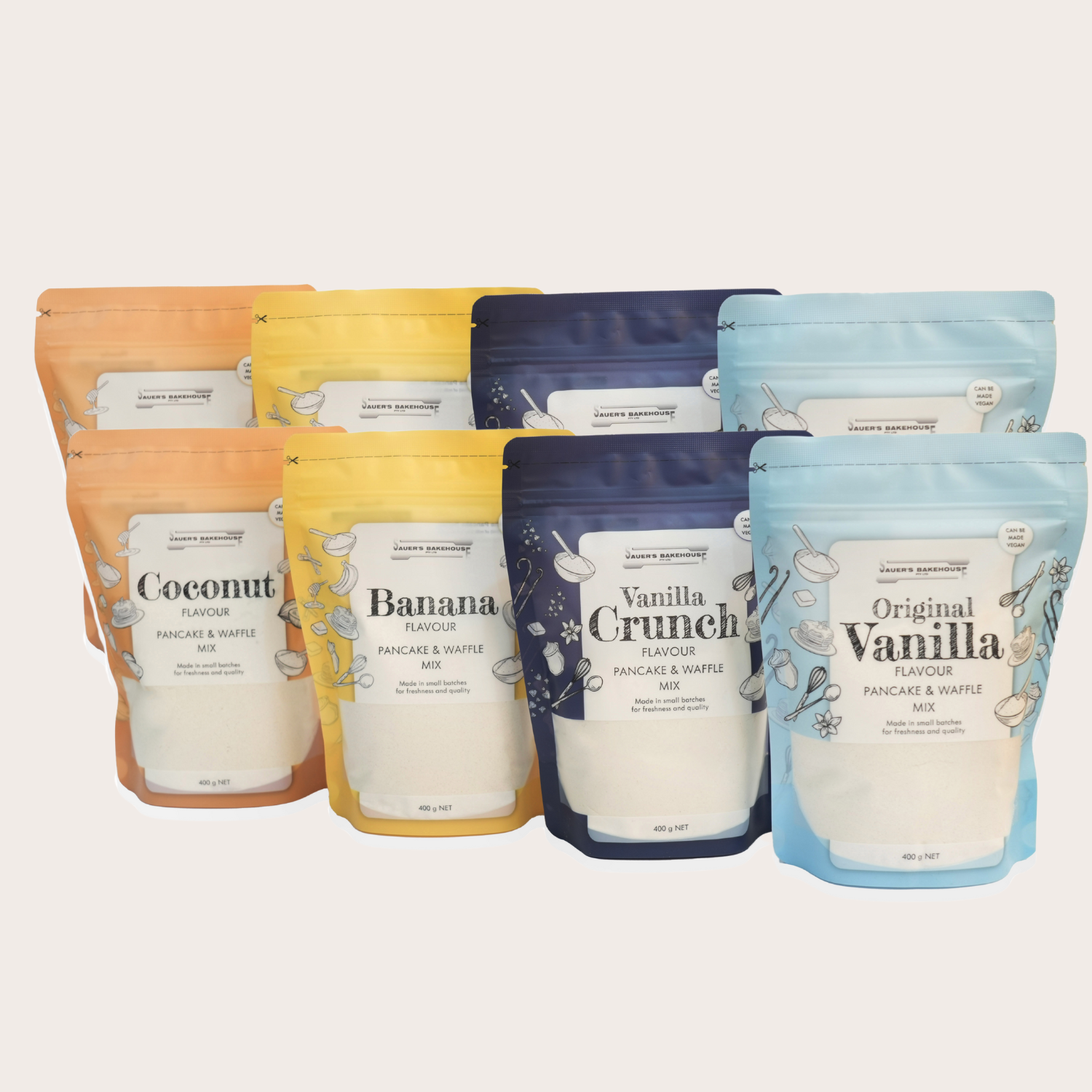 The Tasty 4 pancake mix bundle – all four Sauers flavours
