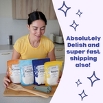 Woman holding packages of different flavored pancake mixes in a kitchen setting