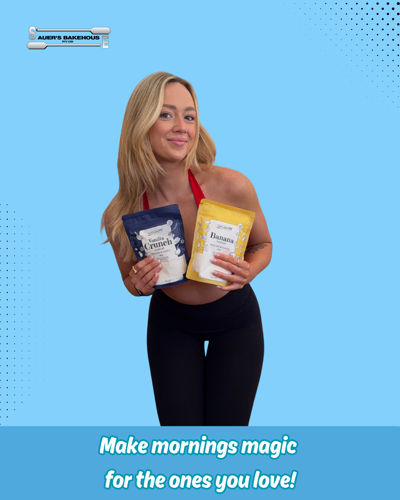Woman holding two Pancake mixes with a blue background and text overlay. - Sauer's Bakehouse